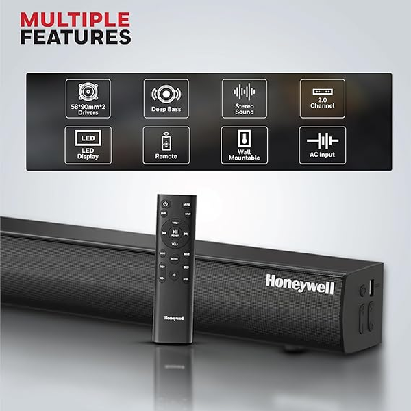 Honeywell New Launch Suono P3000 Soundbar with 80W Stereo Sound, 2.0Ch, Deep Bass, 3 EQ Mode, BT v5.3+EDR,Dual 58 * 90mm Drivers, Input Mode - AUX, USB, HDMI/ARC, Sleek Remote - Image 5