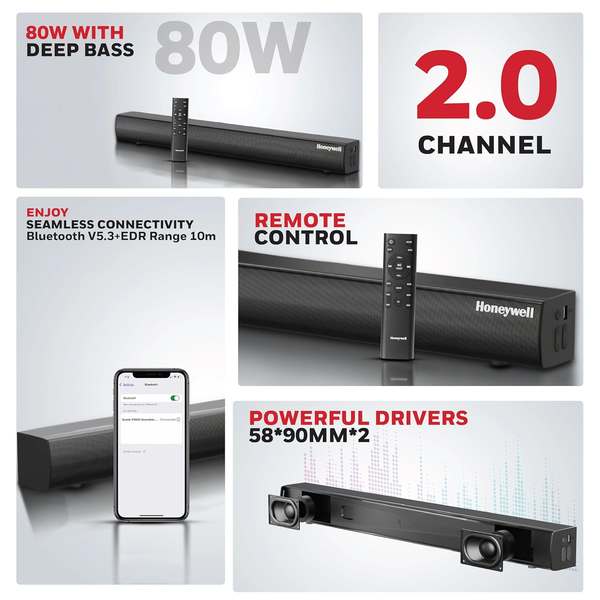 Honeywell New Launch Suono P3000 Soundbar with 80W Stereo Sound, 2.0Ch, Deep Bass, 3 EQ Mode, BT v5.3+EDR,Dual 58 * 90mm Drivers, Input Mode - AUX, USB, HDMI/ARC, Sleek Remote - Image 7